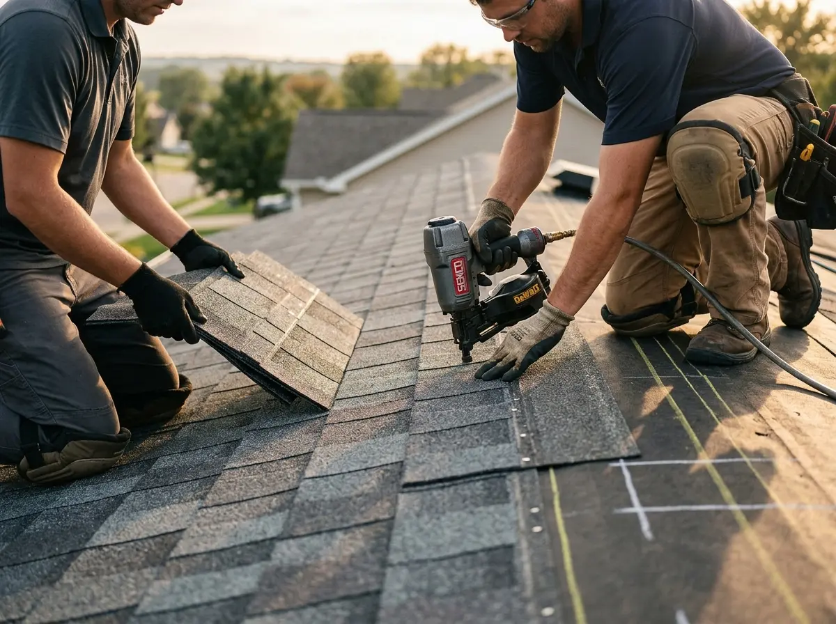 Professional roofer working on a residential roof in Boston